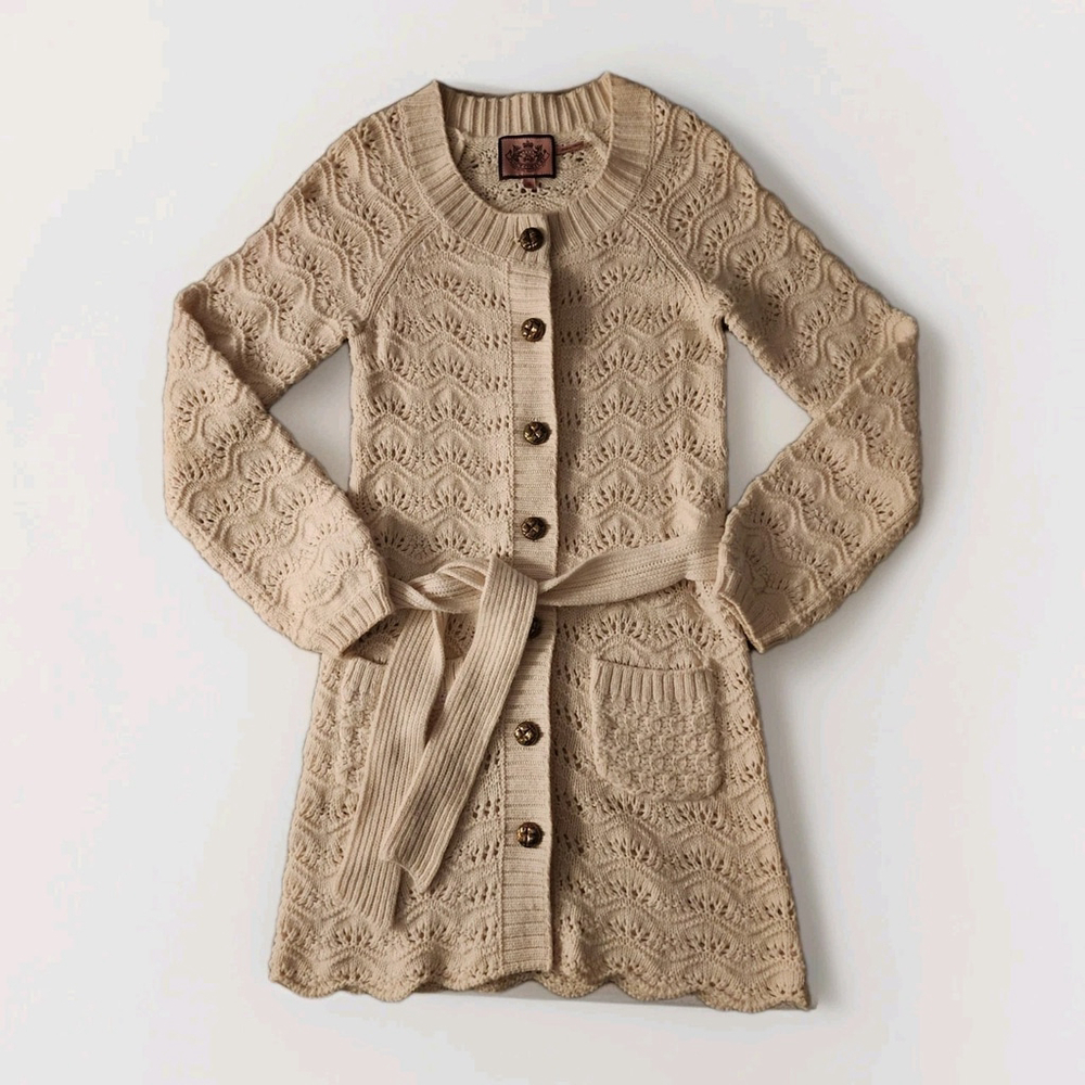 Juicy Couture Y2k Cashmere Angora Wool Cream Knit Cardigan Belted Button Pockets View 2